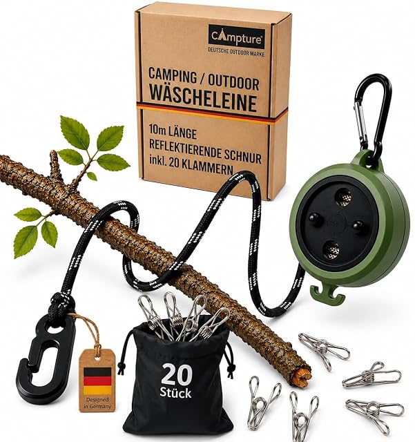 Corde à linge de camp réfléchissante Campture avec son mousqueton en acier inoxydable et ses clips