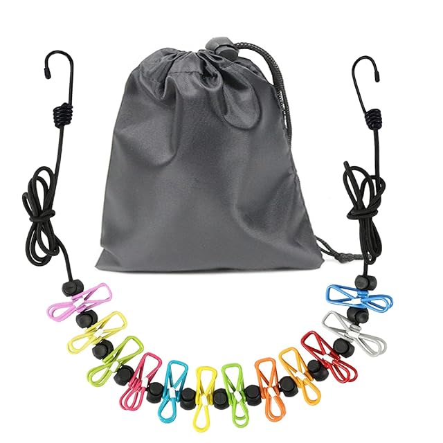 Corde à linge de voyage élastique noire PAIDASHU avec ses pinces colorées et ses crochets en acier