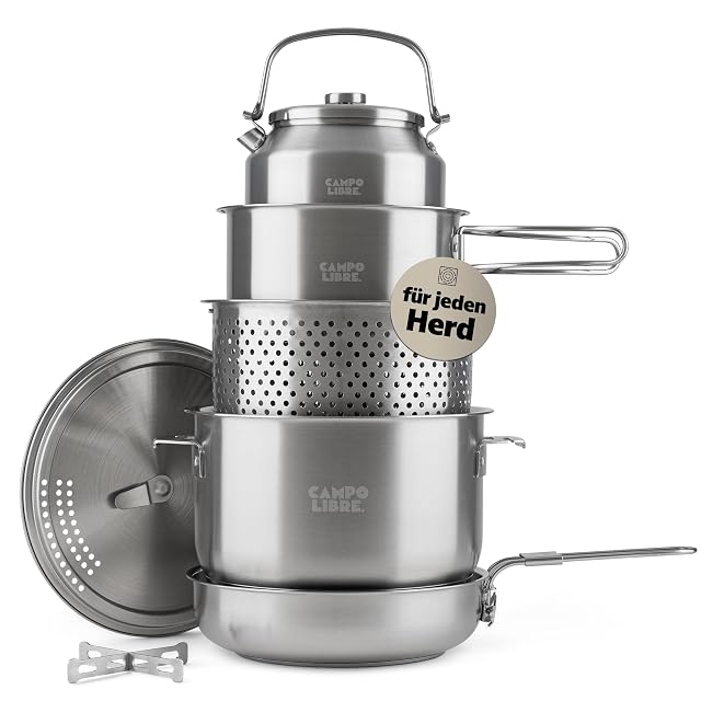 Popote de camping en inox Campo Libre Enzo XL avec faitouts, poêle et panier vapeur