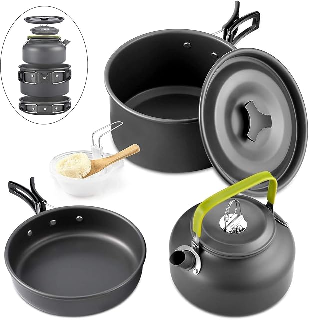 Popote de camping en aluminium Queta de dix pièces avec faitout, poêle, bouilloire et bols