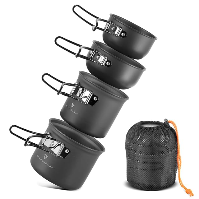 Popote de camping en aluminium STAHLWERK de quatre pièces avec des couvercles qui font poêles