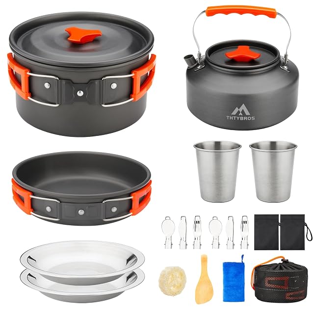 Popote de camping THTYBROS de dix-sept pièces en aluminium anodisé dur, avec gobelets et couverts