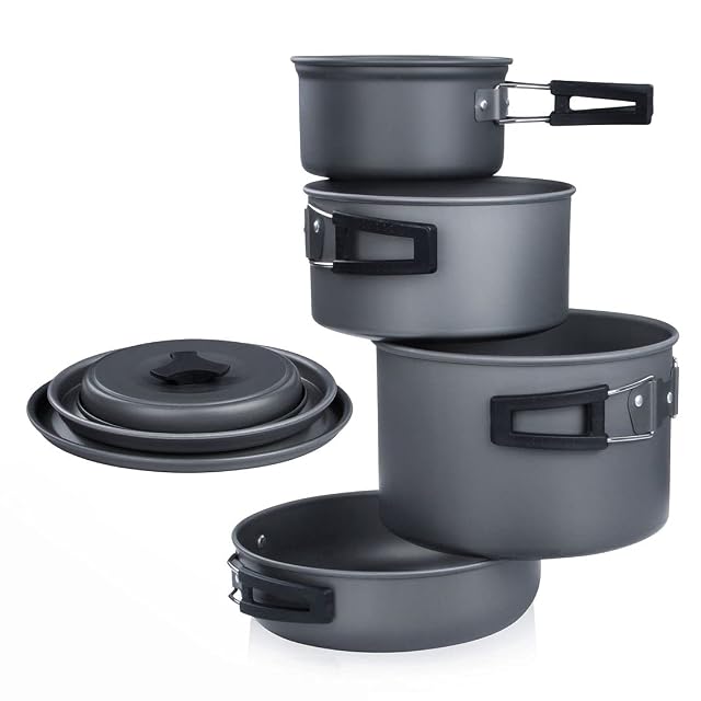 Popote de camping yourGEAR Ranger V de sept pièces en aluminium anodisé dur, avec couvercles