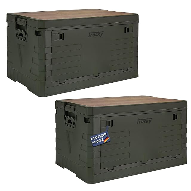 Caisse de camp pliante Trucky avec son insert de couvercle au dessin bois et son volet avant à charnière