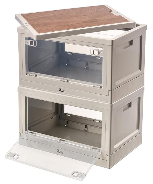 Paire de caisses de camping pliantes grises Xcase avec leurs volets latéraux transparents et leur planche de couvercle en MDF