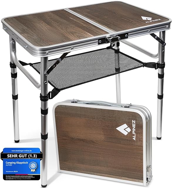 Table de camp pliante ALPINEZ avec plateau MDF, pieds aluminium et tablette filet
