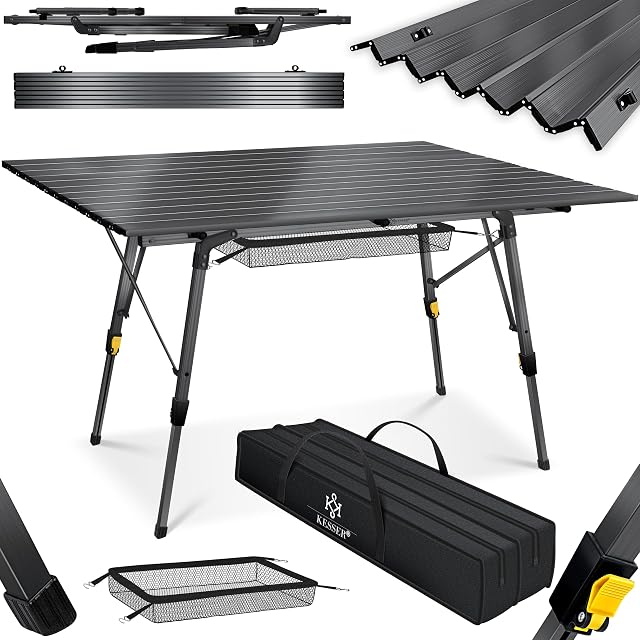 Table de camp pliante KESSER avec piètement aluminium et plateau enroulable à lattes