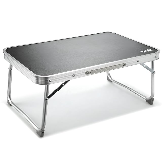 Table de camp pliante légère Trail avec plateau stratifié noir et piètement aluminium