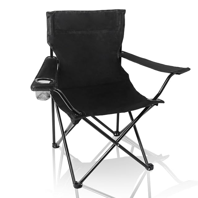 Chaise de camping pliante CALIYO en toile sombre avec une poche filet latérale pour les boissons
