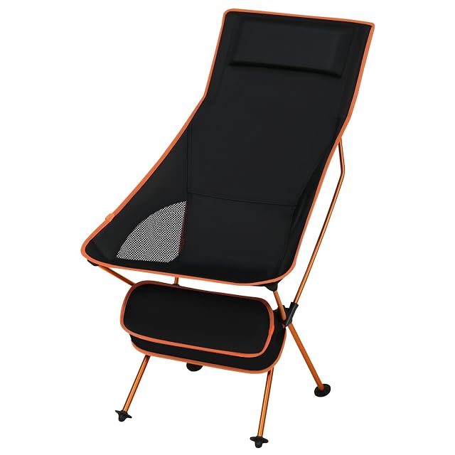 Chaise de camping compacte eSituro noire et orange avec un haut dossier en filet et un appuie-tête