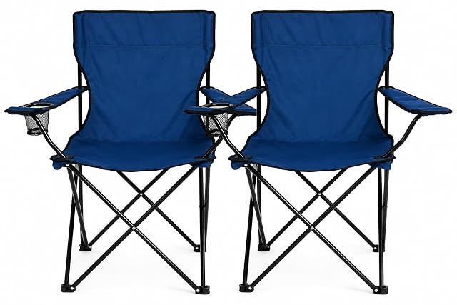 Chaises de camping pliantes Nexos bleues vendues par deux, chacune avec un porte-gobelet sur l’accoudoir