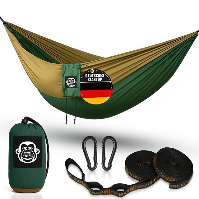 Hamac de camp ultraléger Monkey Swing vert et kaki avec des sangles renforcées