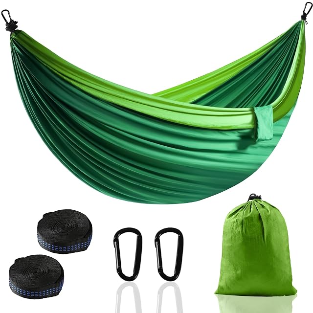 Hamac de camp Zouway vert foncé en nylon parachute avec ses sangles d’arbre