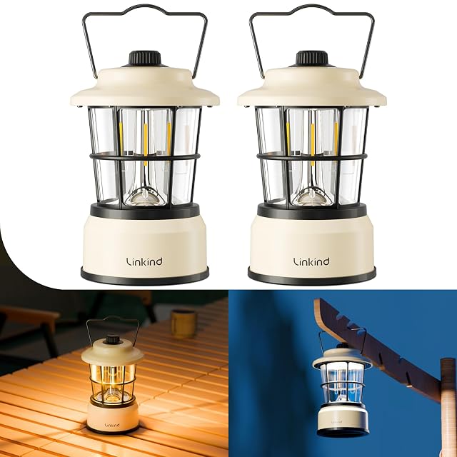 Lanterne de camp rétro Linkind CL1 avec un filament central et une poignée de transport, vendue par lot de deux