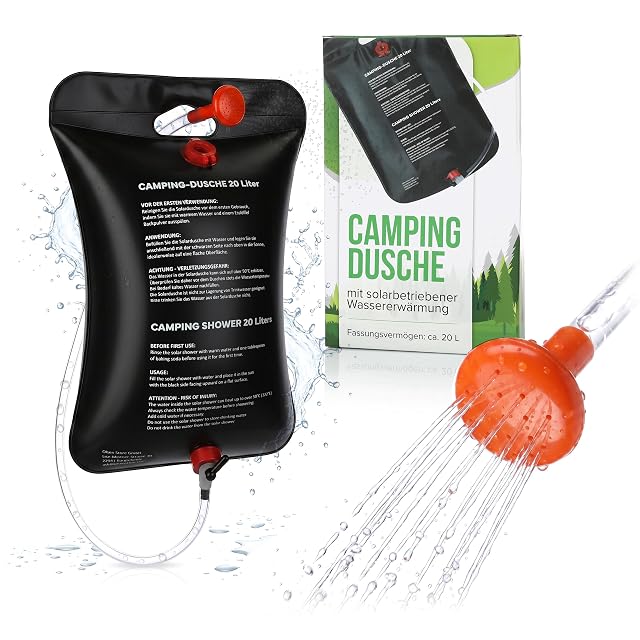 Poche de douche solaire de camping Aqualand noire de 20 litres avec un tuyau et un pommeau