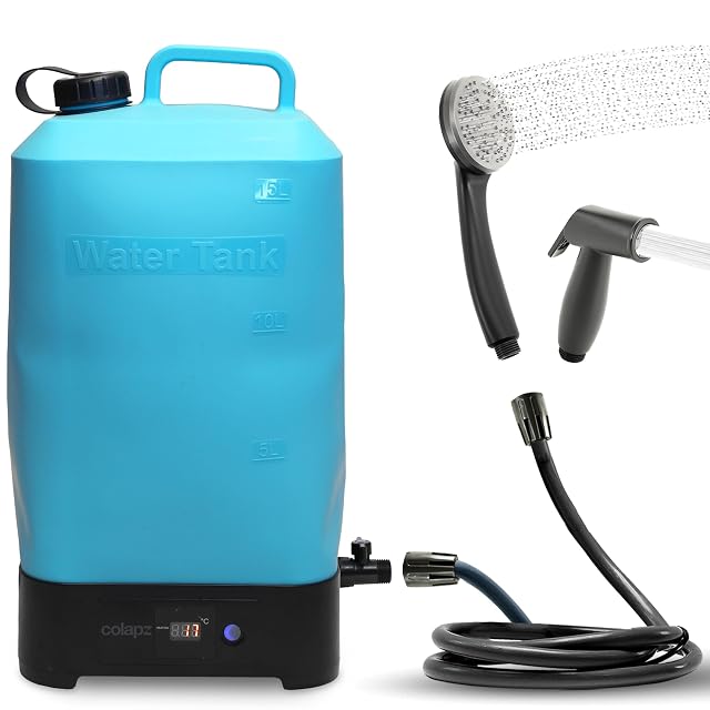 Douche de camping électrique Colapz avec un réservoir d’eau pliable de 15 litres et un pommeau USB