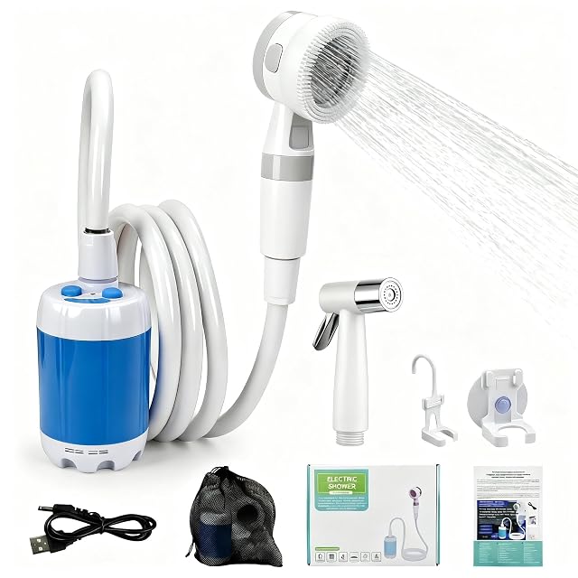 Pompe de douche de camping portative rechargeable VIVSENS avec un pommeau, un tuyau et un crochet de suspension