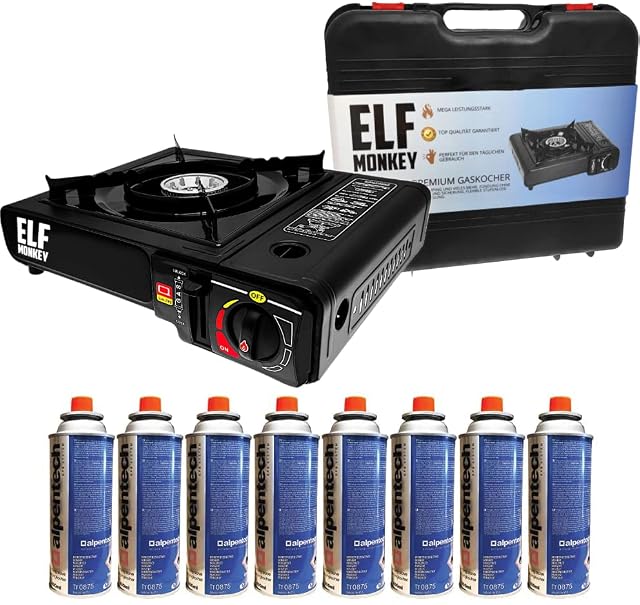 Réchaud de camping à gaz Elfmonkey à un feu avec sa mallette de transport et des cartouches de butane