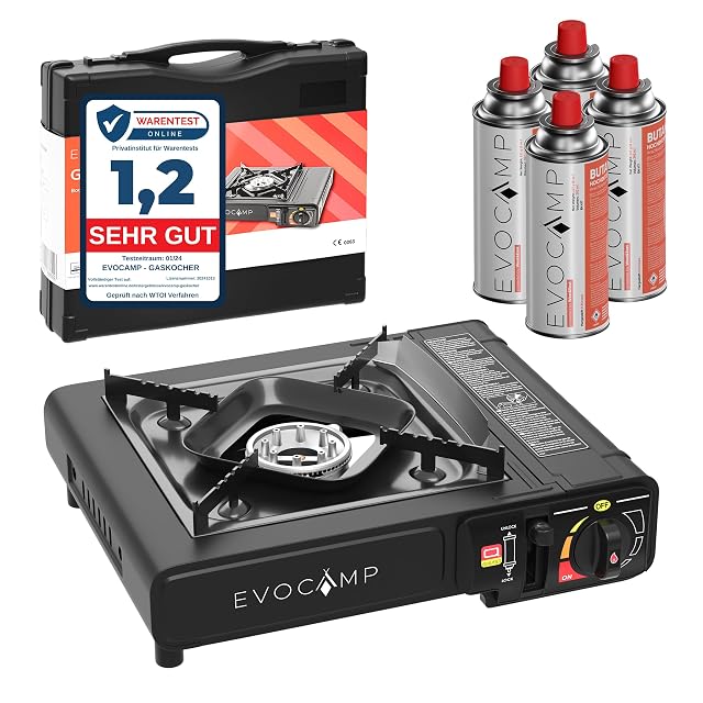Réchaud de camping à gaz EVOCAMP à un feu avec des cartouches MSF-1a et une mallette de transport