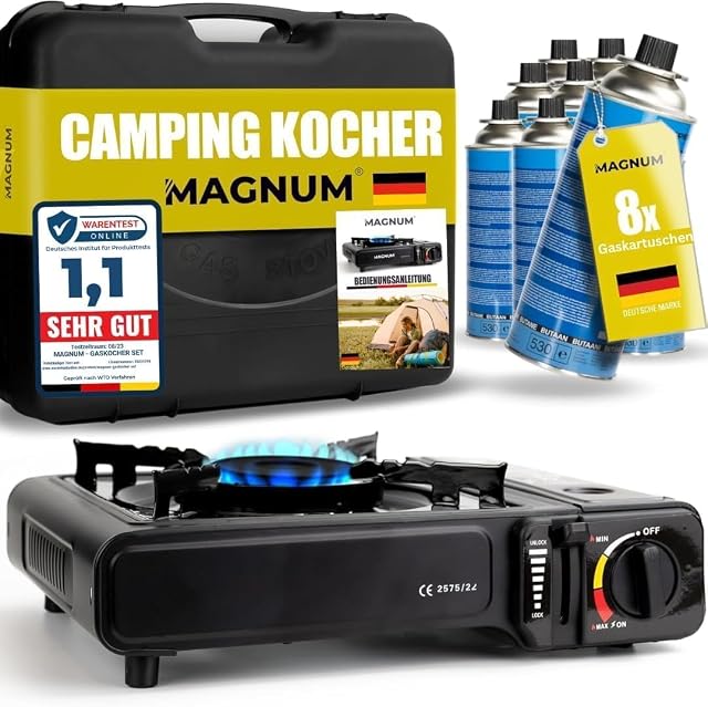 Réchaud de camping à gaz Green Camp à un feu avec huit cartouches de butane et une mallette