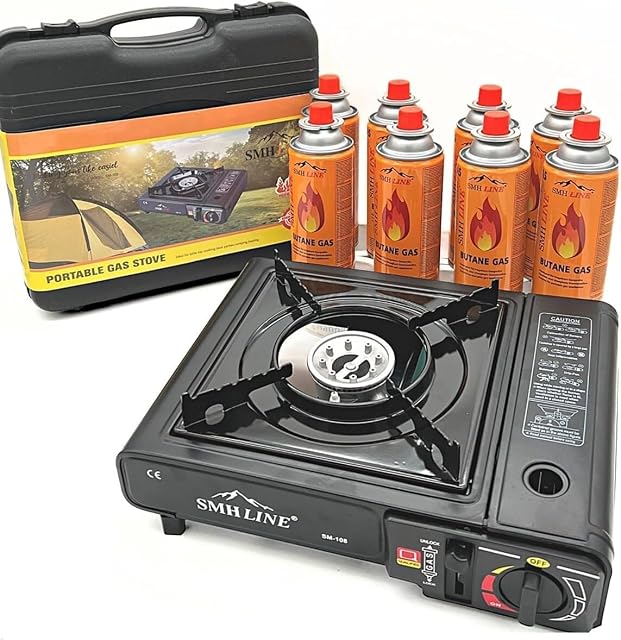 Réchaud de camping à gaz Mediablue à un feu dans sa mallette de transport avec des cartouches de butane