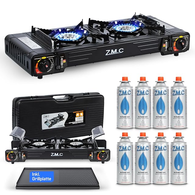 Réchaud de camping à gaz Z.M.C à deux feux avec une plancha et des cartouches de butane