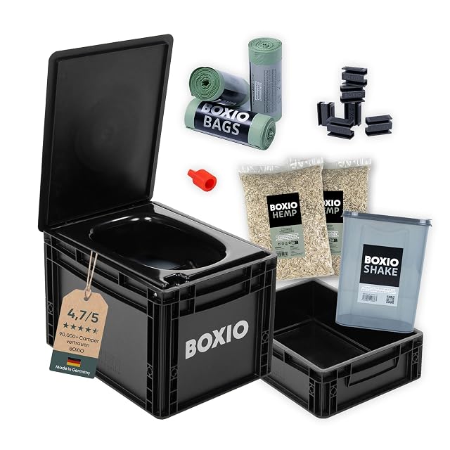 Ensemble de toilettes de camping à séparation BOXIO Toilet Max+ avec un rehausseur d’assise et un bidon à urine