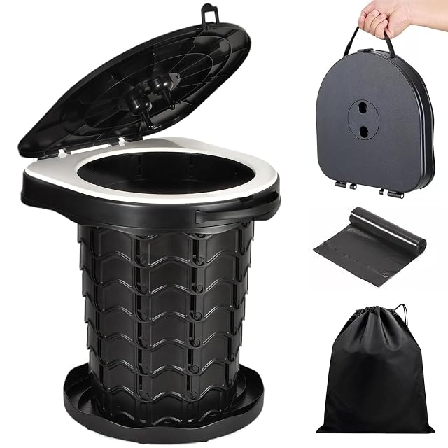 Toilettes de camping pliantes KALBIGRO en polypropylène blanc avec un sac de rangement et des sacs hygiéniques