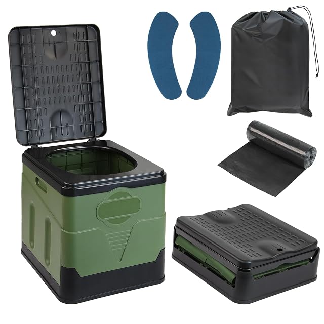 Toilettes de camping pliantes Montafox vertes et noires, en forme de cube, avec des sacs hygiéniques