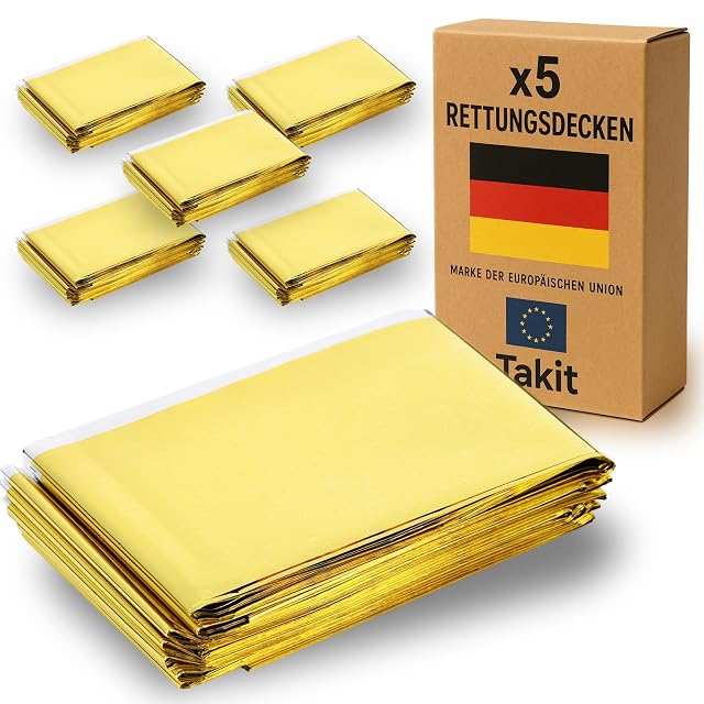 Lot Takit de cinq couvertures de survie Mylar or et grises, pliées