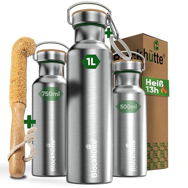 Bouteille isotherme Blockhutte d’un litre en acier inoxydable avec son goupillon en soies naturelles