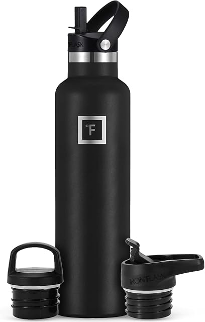 Bouteille IRON FLASK en acier inoxydable noir revêtu poudre avec ses trois bouchons interchangeables