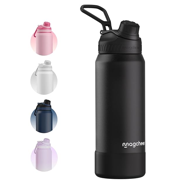 Bouteille isotherme magcheer d’un litre en acier inoxydable noir avec anse de portage