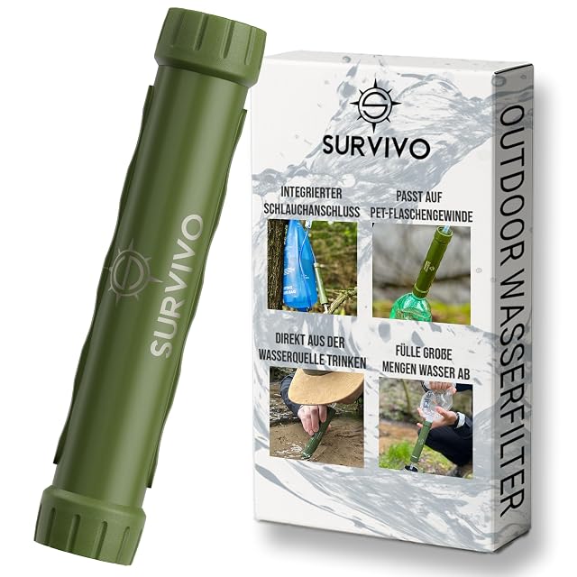 Filtre à eau outdoor multifonction SURVIVO avec un filetage de gourde PET