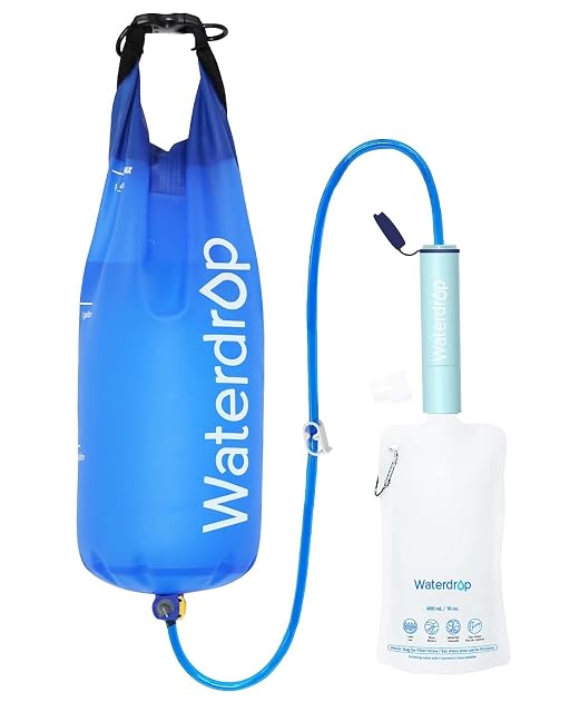 Paille filtrante outdoor Waterdrop bleu clair avec une poche à eau gravitaire