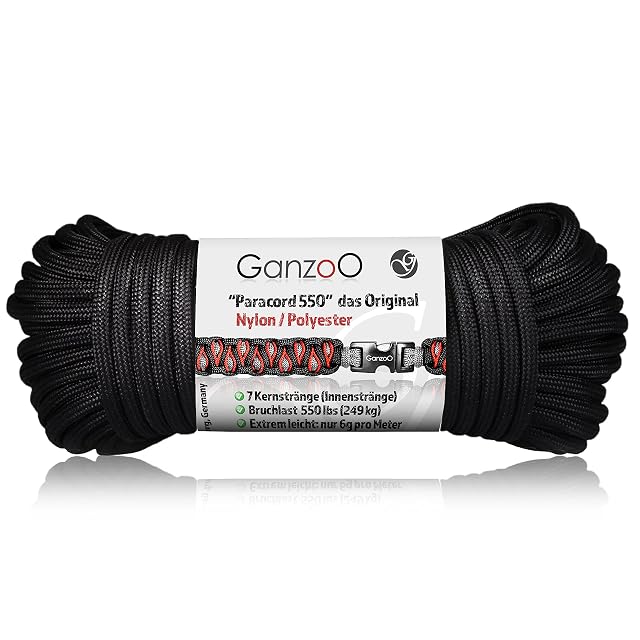 Paracorde 550 noire Ganzoo enroulée, 4 mm de diamètre