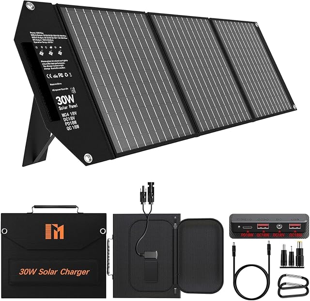 Panneau solaire pliant Mesuvida de 30 W avec des sorties MC4, DC et USB et un support réglable