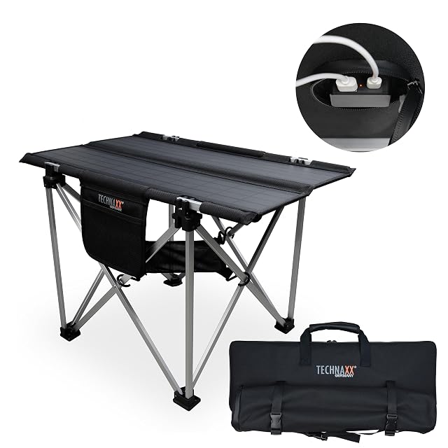 Table de camping pliante Technaxx TX-251 avec un panneau solaire de 20 W formant le plateau