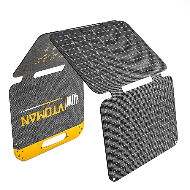Panneau solaire pliant VTOMAN VS40 avec une face ETFE, des sorties USB-A et USB-C et des mousquetons