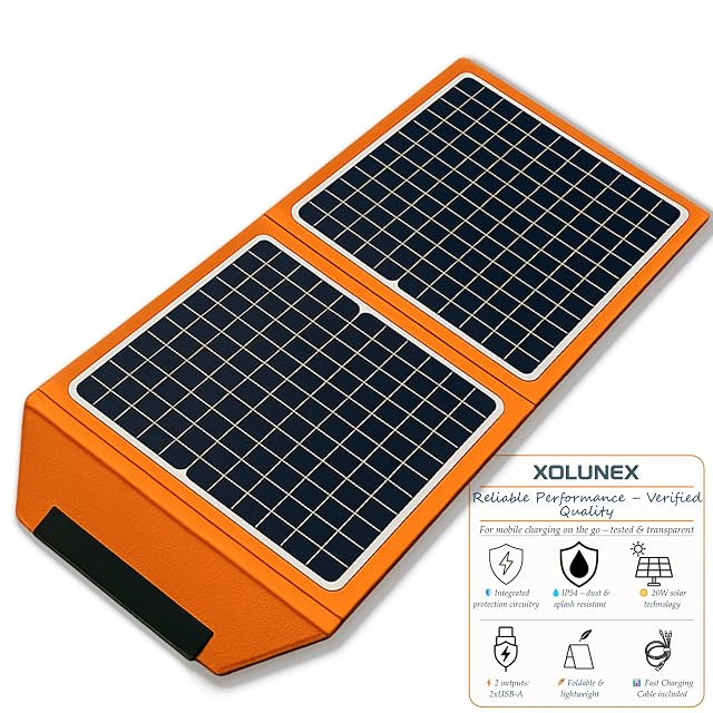 Panneau solaire pliant Xolunex de 20 W en toile 900D avec deux sorties USB et un câble multi-embouts