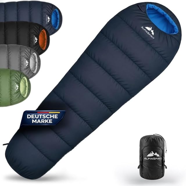 Sac de couchage momie bleu AlpinSpirit avec des sangles de compression et une housse de rangement