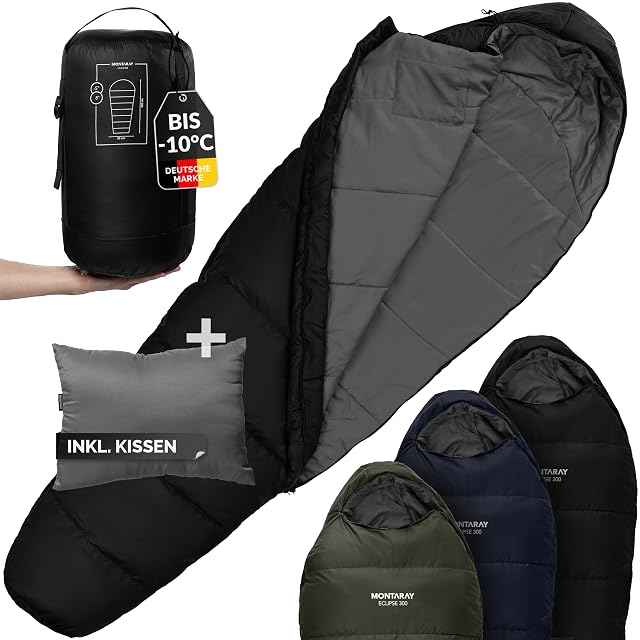 Sac de couchage momie à capuche Montaray noir avec un rabat de fermeture isolé et un oreiller assorti
