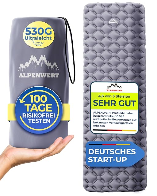 Matelas de camping gonflable ergonomique Alpenwert gris au contour profilé, avec un kit de réparation