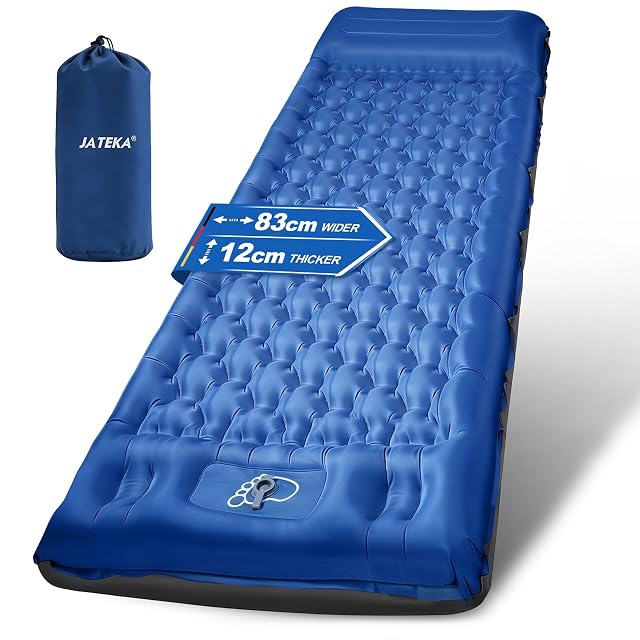 Matelas de camping gonflable large JATEKA avec un oreiller profilé intégré et des boutons-pression sur un côté