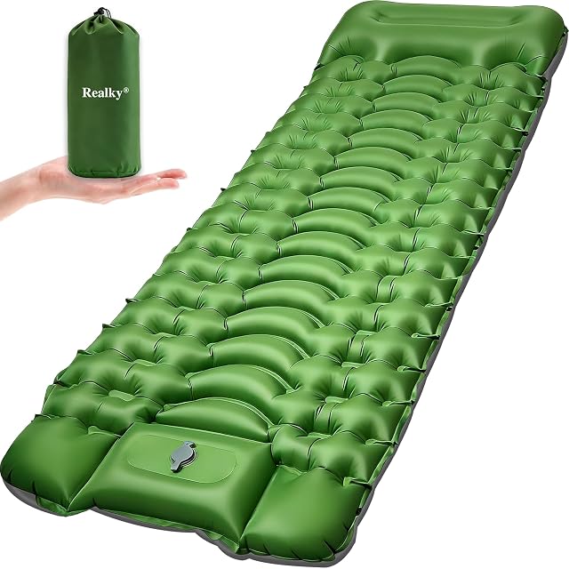Matelas de camping gonflable Realky avec un oreiller intégré et une pompe au pied intégrée