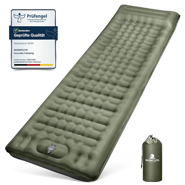 Matelas de camping gonflable WARMTUYO vert kaki avec une valve de pompe au pied et un oreiller intégré moelleux