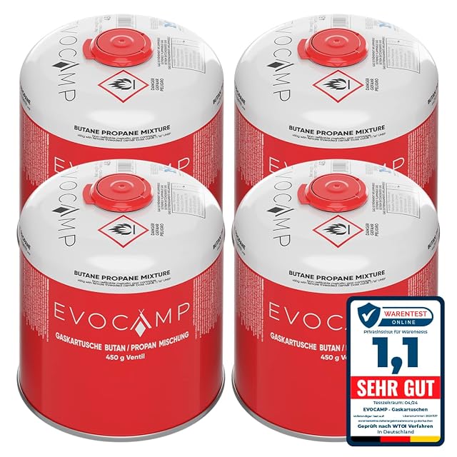 Lot de quatre cartouches de gaz à visser EVOCAMP de 450 g à filetage 7/16 pouce