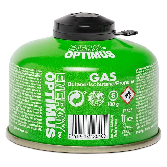 Cartouche de gaz à filetage Optimus de 100 g avec son capuchon de protection de valve