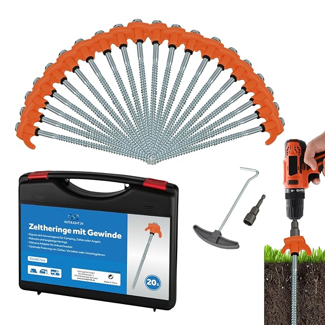 Piquets de tente à visser en acier orange AUTOLIGHT 24 avec un embout et un coffret de transport