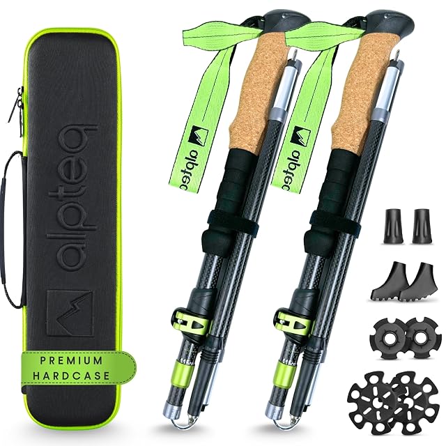 Bâtons de marche pliants en carbone Alpteq vert citron avec poignées en liège